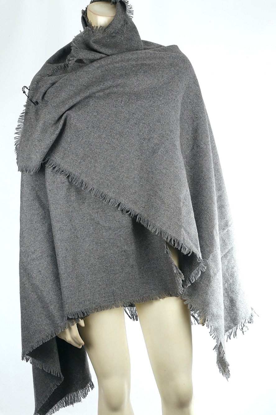 Oversized Charcoal Gray Wool Blend Fringe Blanket Scarf Wrap Cape Shawl Fringe